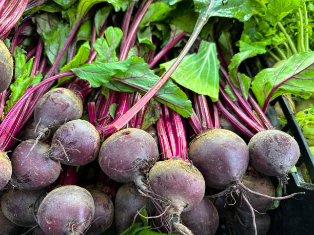 Fresh whole beetroots with their green tops